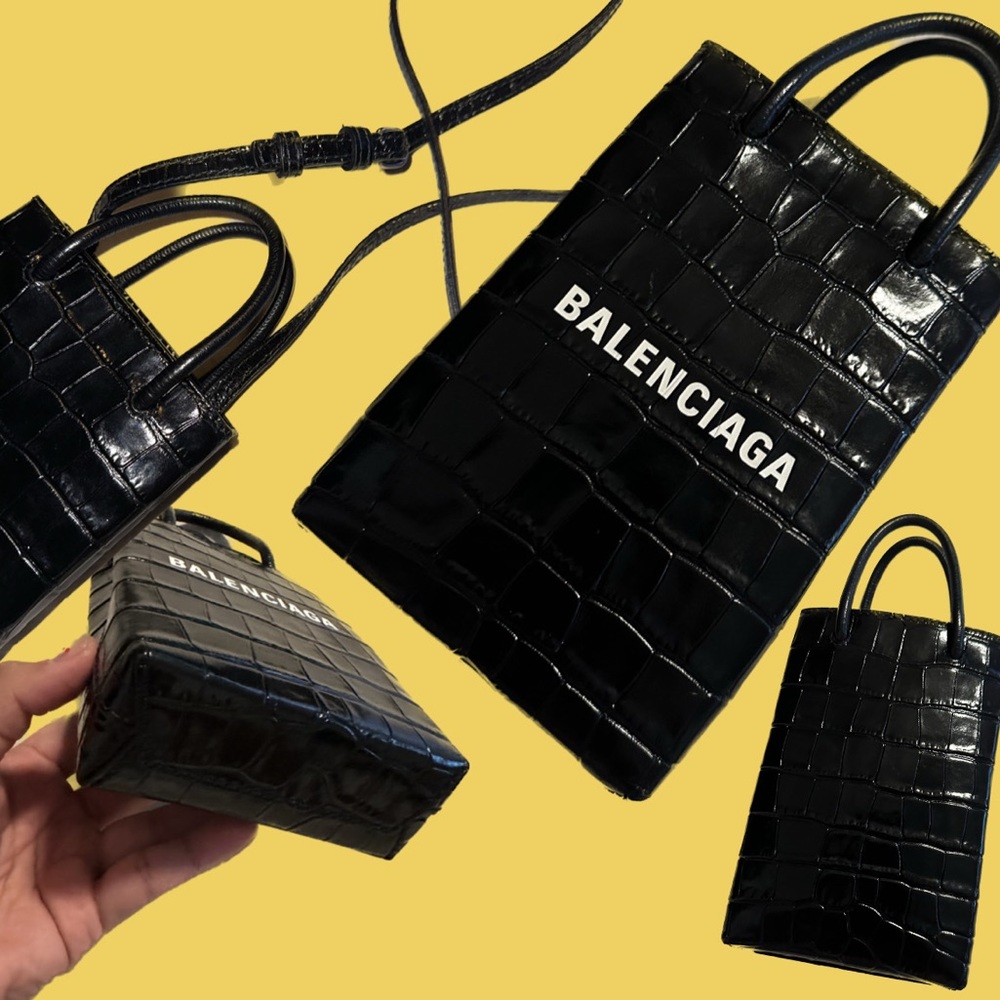 BALENCIAGA SHOPPING PHONE HOLDER CROCODILE EMBOSSED
